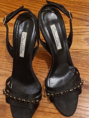 Oscar de la Renta Black Slingback Heels with Gold-Tone Stud Trim
